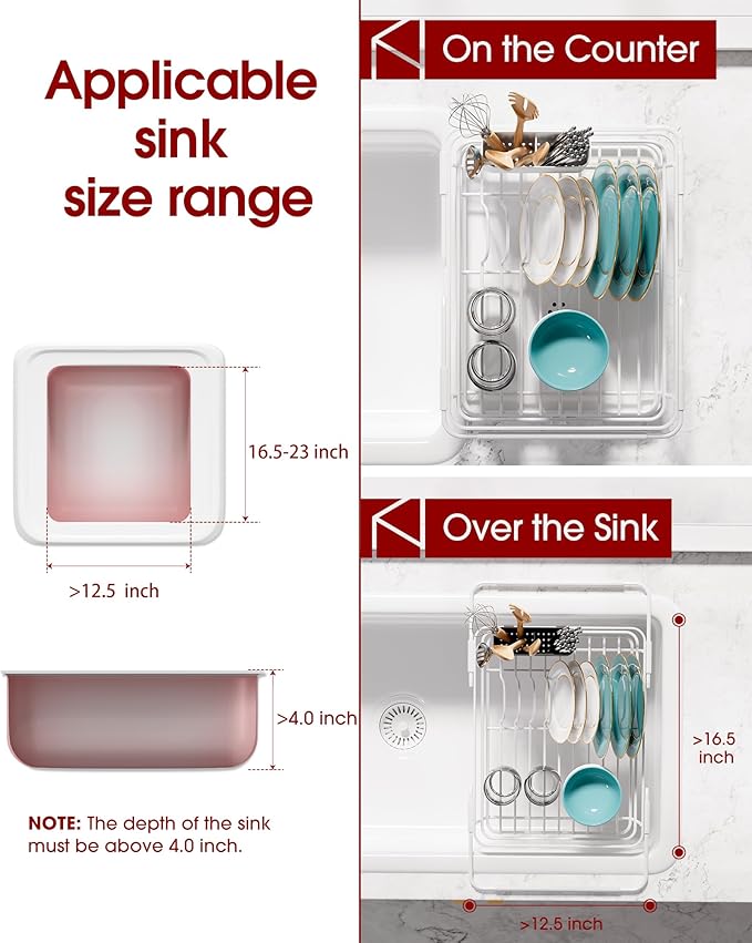 Extendable Dish Drying Rack Over Sink with Dish Drainer, Sink Organization and Storage Essentials with Silverware & Utensil Holder, Home and Apartment Decor, 12" W x 16.1~23" L, White