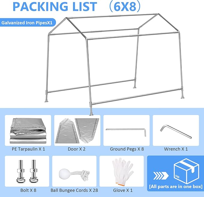 Carport 6x8 FT Enclosed Carport with Roll-up Windows, Portable Garage with Removable Sidewalls & Doors, Car Canopy Tent with Sandbags All-Season Tarp for Bike Motorcycle