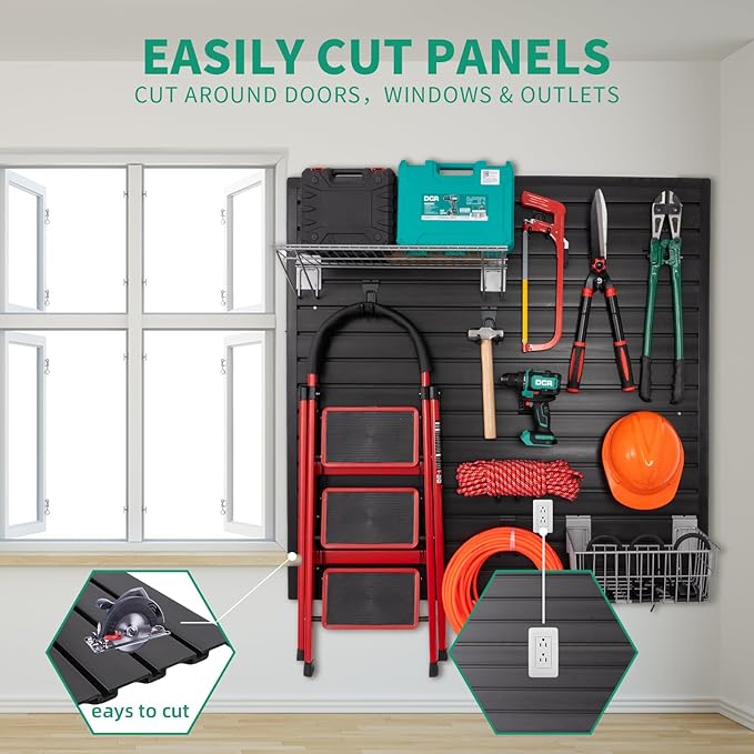 Slatwall Panel Garage Slat Wall Storage Systems with 15 Slatwall Accessories, 4'x8' Black Slat Wall Paneling for Retail Display, Garage Tool Storage, Guitar Shop, Home Storage
