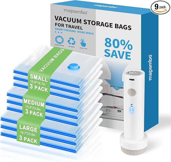 Mapambo Travel Vacuum Bags with -4000Pa Electric pump, 9 Pack Vacuum Seal Bags for Clothing Travel in 3 Combo sizes, Space Saver Vacuum Storage Bags, Saving up to 80% of Space (9 Combo Pack)