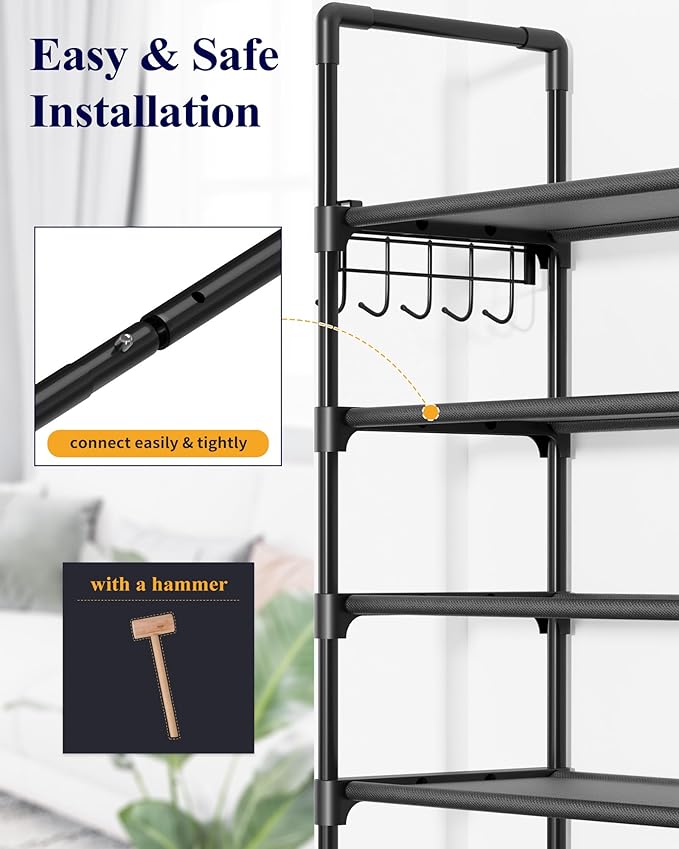 Kitsure Shoe Rack for Closet - 10-Tier Shoe Organizer with Hook Rack, Large-Capacity & Space-Saving Shoe Shelf for Entryway, Bedroom, Living Room,32.2" x 11.8" x 68.5", Black