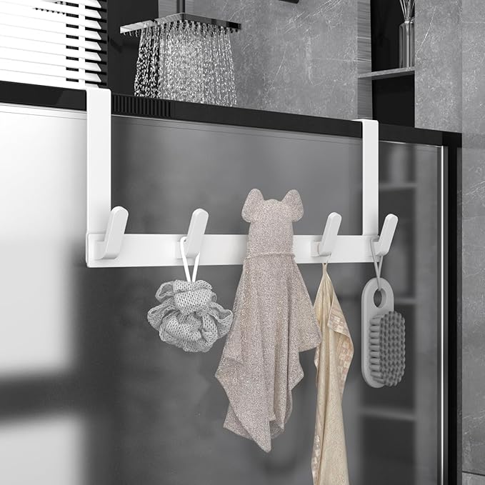 Over The Door Hooks Hanger, Heavy Duty Rack for Winter Coat, Fits 1 3/8" Doors, L7U - Bathroom Accessories and Towel Organizer Holder, Glossy White
