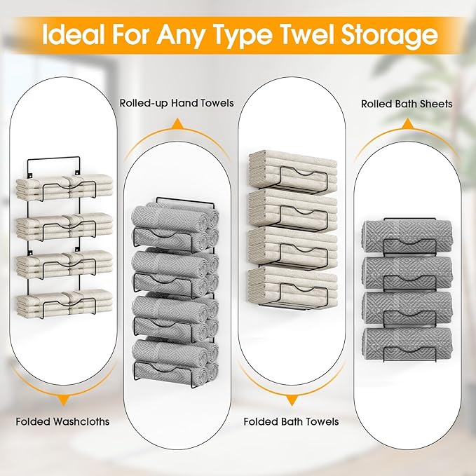 Towel Racks for Bathroom,Towel Rack Wall Mounted, 6 Tier Rolled Or Folded Towel Holder with Floating Shelves, Bathroom Towel Holder for Bath, Hand Towels,Metal and Wood