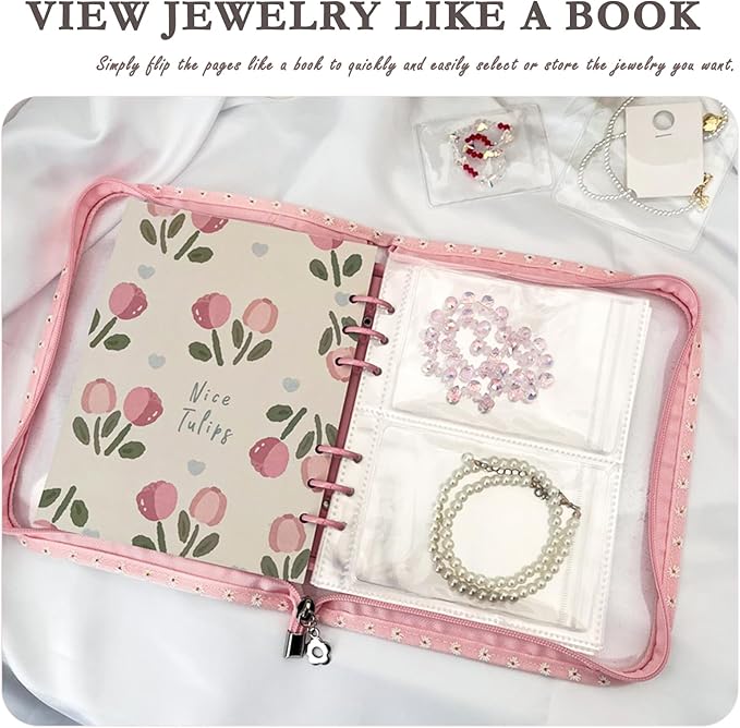 Jewelry Organizer Travel,Jewelry Storage Book with 45 Portable thick PVC pouches,Jewelry Organizer Zipper Bags for Necklaces Bracelet Rings and Earrings (front cover removable),Pink