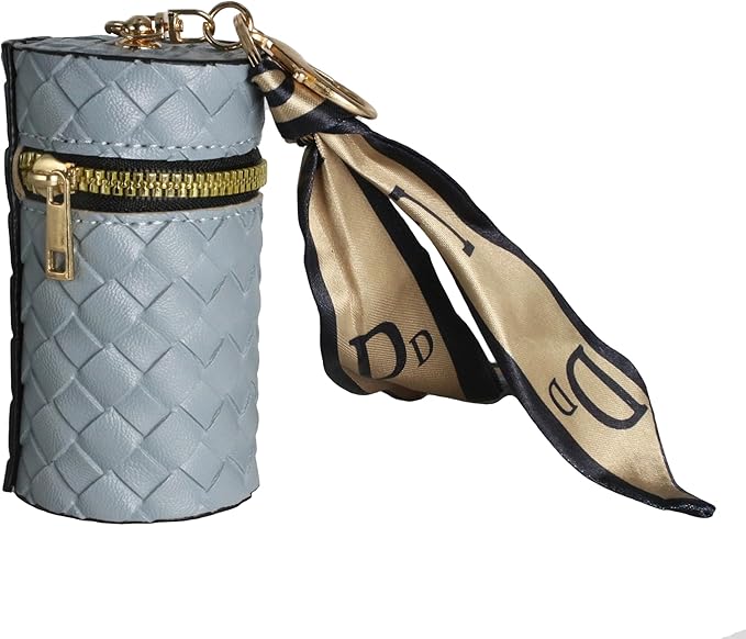 Zipper lined lipstick holder cover with gold hardware pendant, ribbon accessory, light blue
