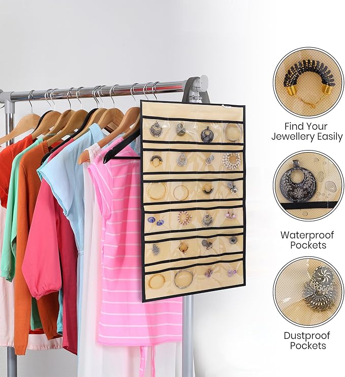Hanging Jewelry Organizer, Double-Sided Storage with 24 Clear Pockets & 15 Hook Loops, 360° Rotating Hanger, Foldable Closet Jewelry Holder for Necklaces, Bracelets, Rings, Earrings, Beige