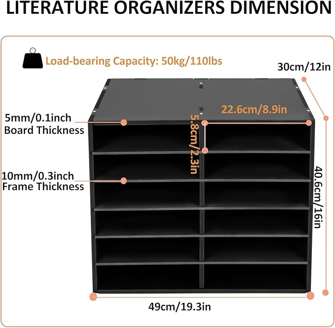 LOYALHEARTDY Desktop Literature Organizer,12 Compartments Paper Organizer,Adjustable File Sorter Mail Center Magazine Holder Paper Storage Cabinet Classroom Keeper Mailbox for Office Home School,Black
