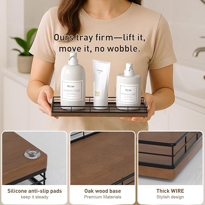 Bathroom Tray for Counter Top Organizer – Oak Wood Vanity Tray with Metal Frame for Dresser, Kitchen, Nightstand – Black & Brown Decorative Storage