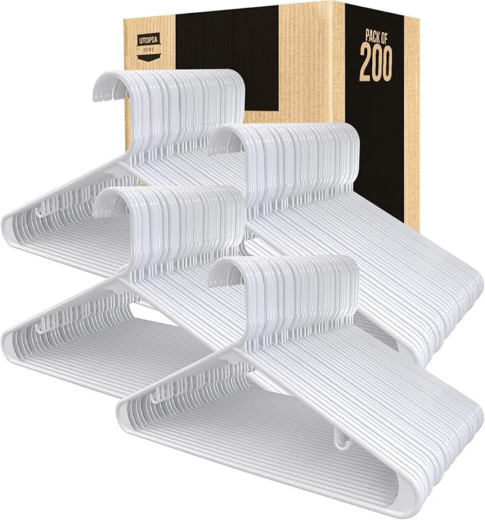 Utopia Home Plastic Hangers 200 Pack - Clothes Hanger with Hooks - Durable & Space Saving (White)