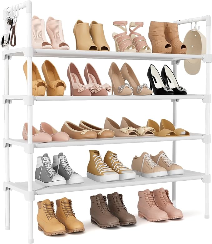 4 Tier Shoe Rack for Closet Shoe Organizer with 5 Hooks, Long Shoe Shelf Storage for Shoe and Boot Stackable Free Standing Shoe Rack for Entryway, Garage, Small Spaces, Dorm, White
