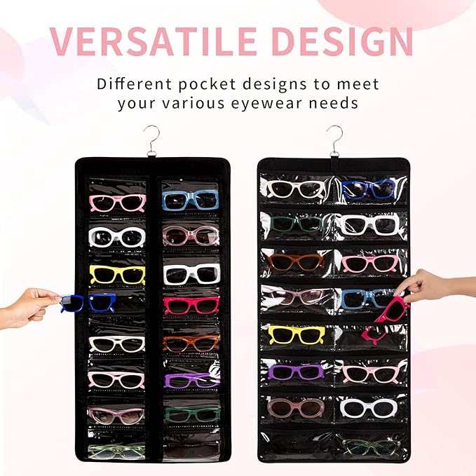 Dual Sided Sunglasses Storage organizer case, Eyeglasses Holder Wall Mounted with 32 Clear Slots & Metal Hook, Dust Proof Sunglasses Storage Case