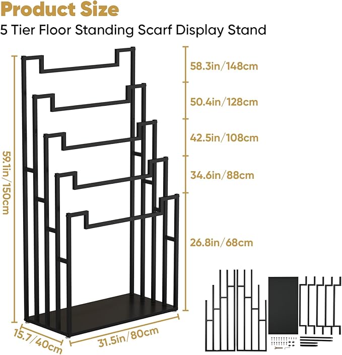 tonchean Freestanding Scarf Organizer, 5 Tier Metal Scarf Rack Hijab Hanger Scarf Storage Holder Ties Belt Pants Rack for Closet, Commercial Clothing Retail Store & Home (31.5X15.7X59.1In)