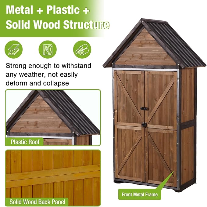 GUTINNEEN Shed Outdoor Storage Upgraded with Durable Front Metal Frame Garden Shed Tool Storage Cabinet with Wooden Floor Adjustable Shelfs 2.5 x 1.4FT （Brown）