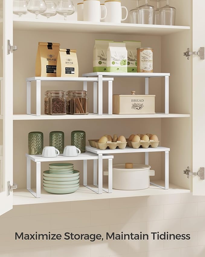 SONGMICS Cabinet Organizer Shelf, Set of 2 Kitchen Counter Shelves, Kitchen Storage, Spice Rack, Stackable, Expandable, Metal and Engineered Wood, Cloud White and Snow White UKCS02W01 (Pack of 2)