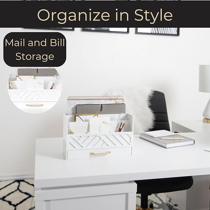 BLU MONACO | White Wooden Mail Organizer with Drawer & Gold Handle | Mail Sorter Organizer Countertop | Tabletop Organizer with Drawers & Outgoing Mail Holder