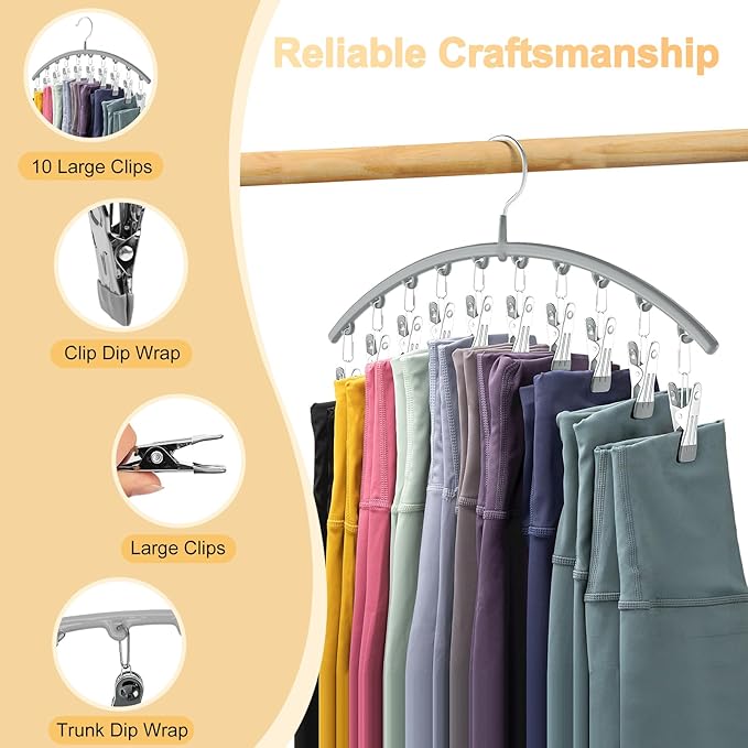 Legging Organizer for Closet, Metal Yoga Pants Hanger w/Rubber Coated 2 Pack w/10 Clips Hold 20 Leggings, Hangers Space Saving Hanging Closet Organizer for Closet Organizers and Storage-Grey