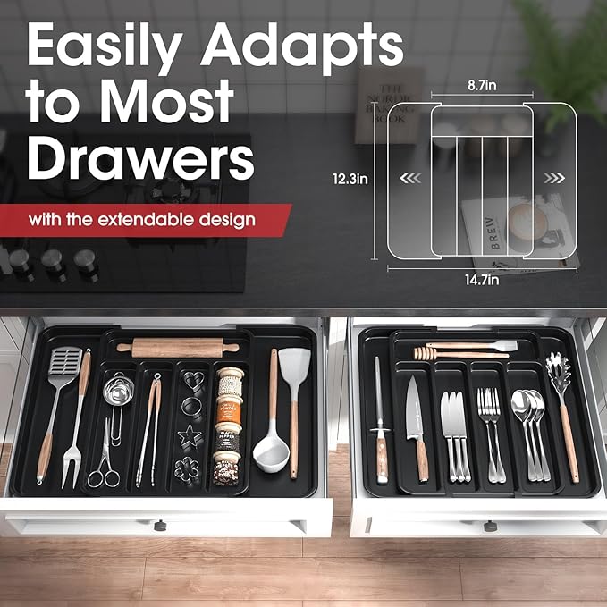 Aujen Silverware Organizer - Expandable Kitchen Drawer Organizer, Adjustable Utensil Organizer, Cutlery Tray for Forks, Knives, Multipurpose Kitchen Organizers and Storage Solution, Black, Medium