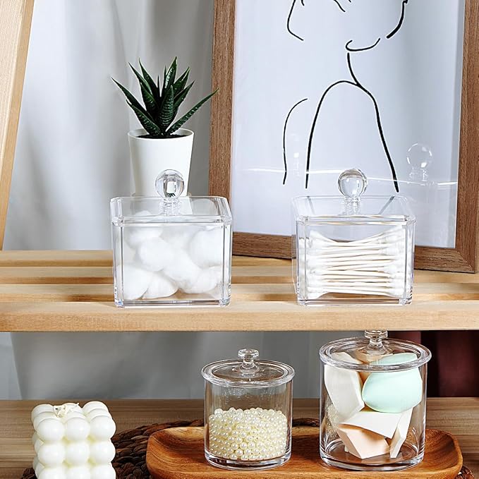 SheeChung 2-Pack Modern Square Acrylic Qtip Holder - Clear Apothecary Jars with Lids - Bathroom Vanity Storage Canister - Shatterproof Square Organizers for Cotton Swabs, Pads-Modern Minimalist Decor