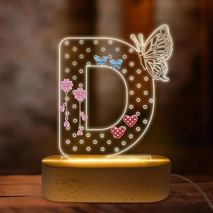 COSHAYSOO Initial Acrylic Earring Holder Organizer for Women Teen Girls with Butterfly Decorations LED Night Light Personalized Birthday Easter Mothers Valentines Day Jewelry Storage Letter D