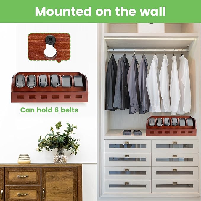 Large Adjustable Bamboo Belt Organizer Box, 6 Grids Belt Rack, Belt Organizer for Closet Shelf and Drawer, Tie and Belt Storage Organizer Wall Mount and Displayer for Men Women Father Day (Brown)