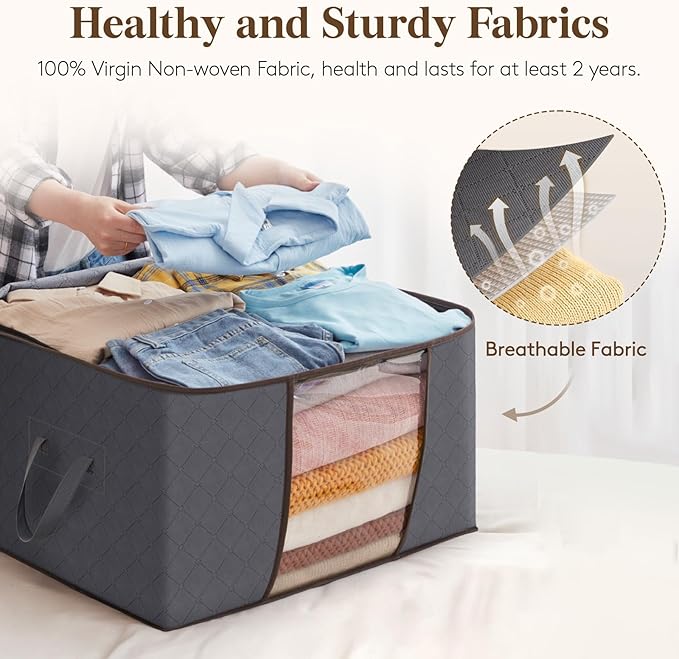 Lifewit 6 Pack 60L Clothes Storage Bins with Lids, Foldable Blanket Storage Bags with Zippers, Clear Window and Reinforced Handles, Closet and Organization for Clothing, Sweater, Comforter, Bedding