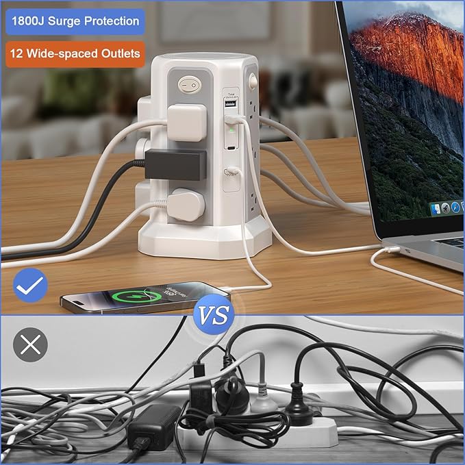 Long Extension Cord 10FT 1625W|13A with Multiple Outlets, Surge Protector Power Strip Tower with 4 USB(2 USB C) Ports, Flat Plug 1800J Overload Protection for Home Office DormRoom Essentials