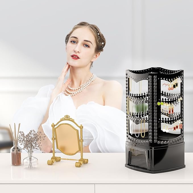 Hanging Jewelry Organizer with 10 Silver Polishing Cloths, Jewelry Holder with 156 Holes and 160 Grooves for Earring, Necklaces, Bracelet with Rotating Hanger, Easy Assembly (Black)