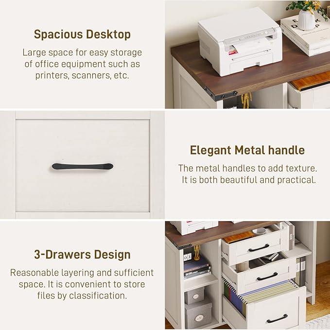 3 Drawer File Cabinet, Farmhouse Lateral Filing Cabinet Fits File Letter or A4 Size, Wooden Printer Stand with Open Storage Adjustable Shelf for Home Office, White