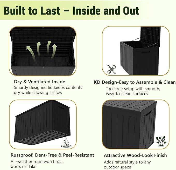 Outdoor Storage Box, 100 Gallon Resin Deck Box Waterproof for Patio Furniture, Garden Tools and Pool Accessories, Lockable UV-Resistant Storage Bin Bench Cabinet for Outside, Black