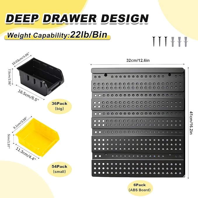 Wall Mounted Storage Bins - Plastic Adjustable Compartment Organizer for Screws, Nuts, Bolts & Tools | Heavy-Duty Home & Garage Organization | Closet, Bedroom, Workshop Wall Storage Rack, 90PCS