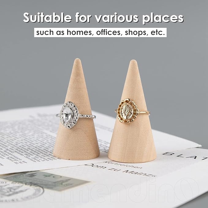 Framendino, 10 Pack Natural Wood Cone Ring HolderJewelry Display Stand Organizer DIY Craft Wooden (Vertical Shaped)