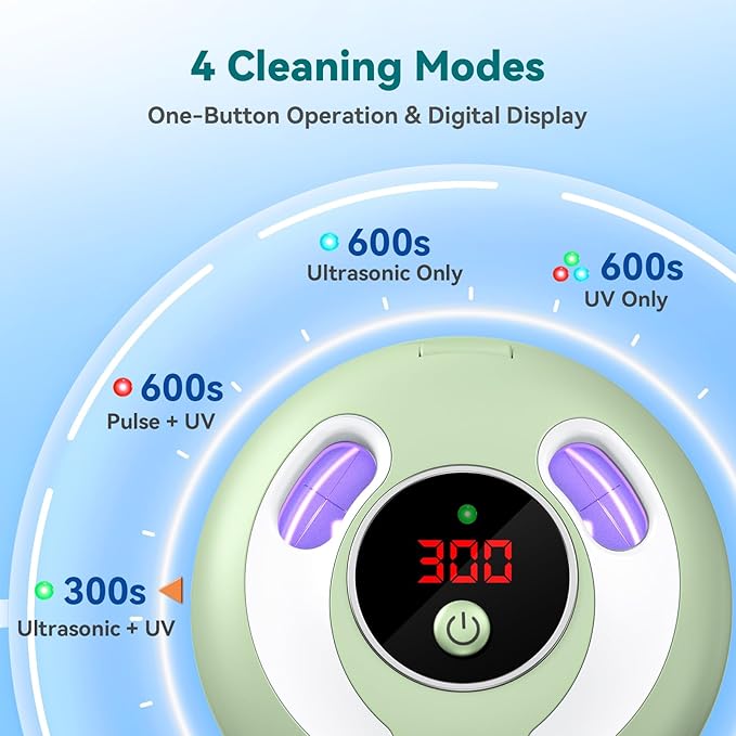 Dental Ultrasonic Retainer Cleaner Machine: 45kHz Dental Cleaning Pod for Denture, Mouth Guard, Night Guard, Aligner, Braces, Toothbrush Head & Jewelry, UV Cleaner with Digital Timer & 4 Modes, Green