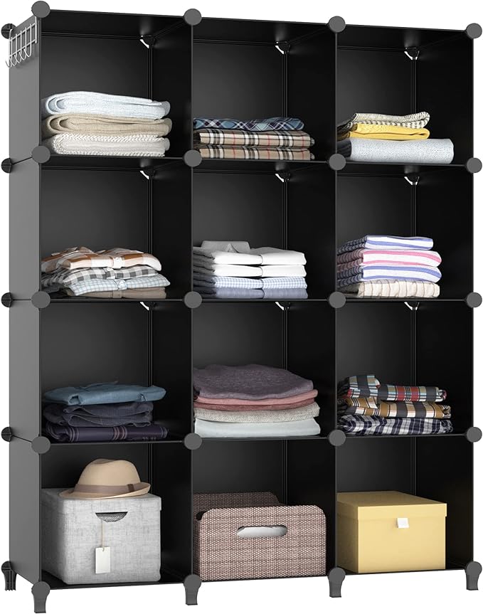 Closet Organizers and Storage, 12 Cube Storage Organizer, Portable Closet Organization Clothes Shelves for Kids, Closet, Bedroom, Bathroom, Office, Black