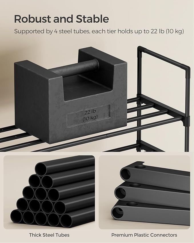 SONGMICS Shoe Rack, 3-Tier Shoe Organizer, Metal Storage Shelf, Upright or Upside Down, for 4-8 Pairs, Stackable, for Entryway, 11.8 x 16.7 x 21.5 Inches, Black ULSA003B01
