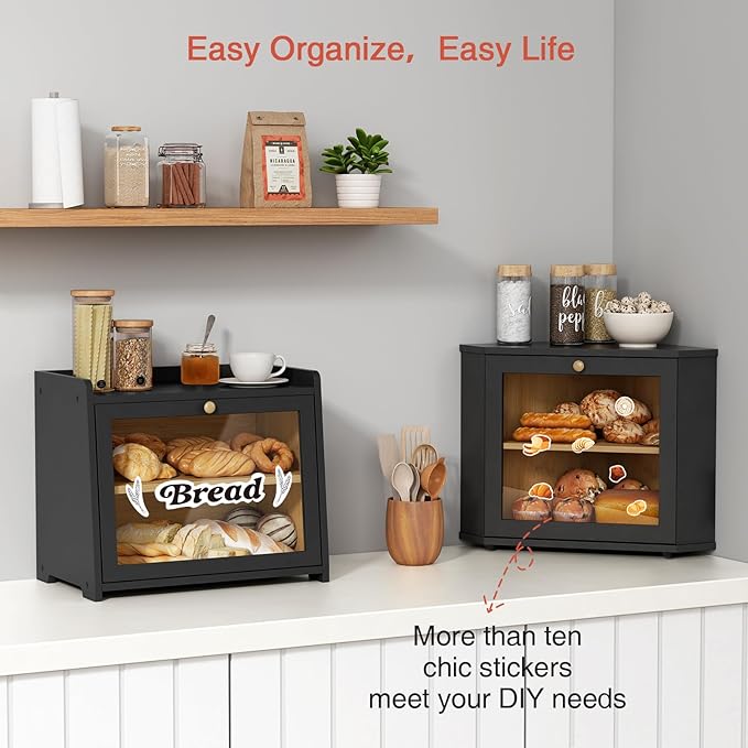 Corner Bread Box for Kitchen Countertop, Black Bread Storage Container for Homemade Bread, Two Layer Breadbox under Cabinet Mount, Large Bread Holder for Kitchen Counter, Pantry Shelf