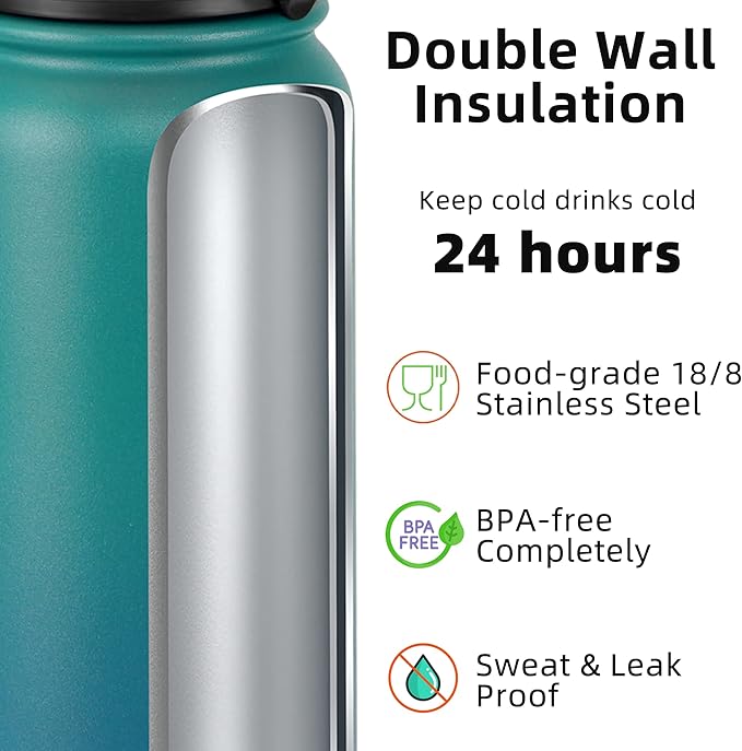Fanhaw 40 oz Insulated Stainless Steel Water Bottle with Chug Lid, Leakproof & Sweat-Free Extra-Large Metal Bottle for Outdoor, Hiking & Gym (Green Blue)