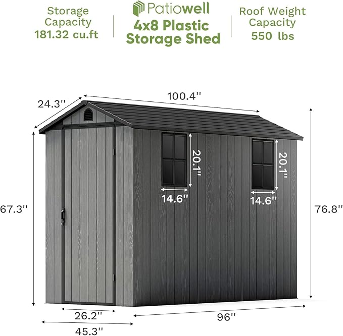 Patiowell 4 x 8 FT Plastic Outdoor Storage Shed with Floor, Garden Tool Shed with Two Windows and Single Lockable Door for Garden, Backyard, Lawn, Easy to Install, Dark Grey
