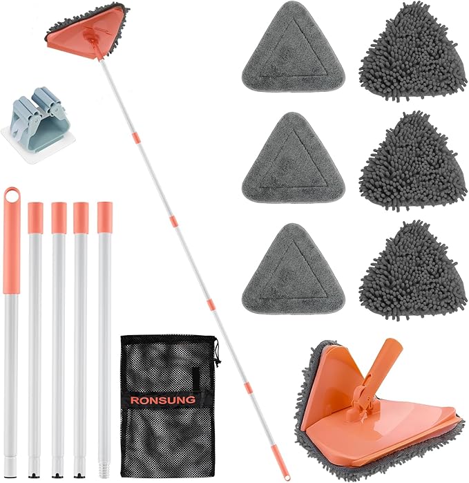 RONSUNG Wall Cleaner Triangle Mop with 82'' Long Handle - Wall Scrubber, Cleaning Washer Tool with 6 Pads for Clean Walls, Ceiling, Windows, Floors, Baseboards (Orange)