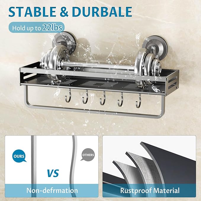 Onemake Shower Caddy Suction Cup, 1 Pack 15.7 inch Aluminum Suction Showers Organizer with Towel Bar & Hooks, Rustproof Shower Shelf for Inside Shower, NO-Drilling Bathroom Holder Storage Rack, Gray