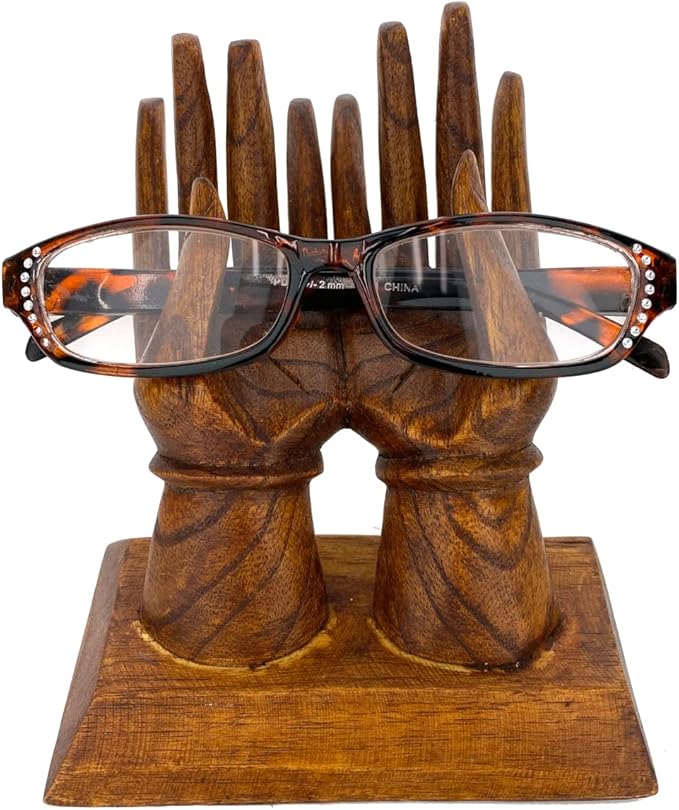Hands Eyeglass Ring Holder - Hand Carved Wooden Card Ring Trinket Holder Figure Decor 6.5" Brown Classic Wooden Jewelry Stand