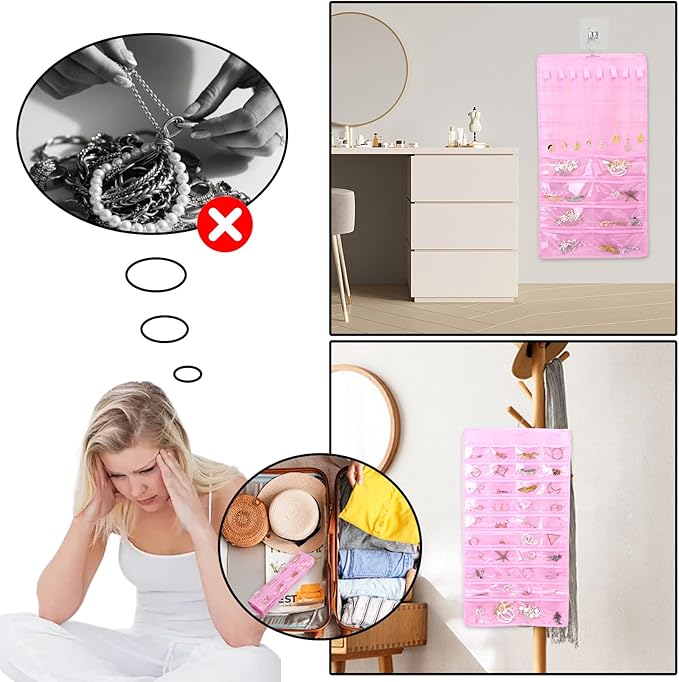 WRENYZK 2 Pcs Hanging Jewelry Organizer with Metal Hooks, Jewelry Holder Organizer with 20 Pcs Storage Bags, 48-Pocket Dual-sided Jewelry Storage for Earring Necklace Bracelet Ring (Black, Pink)