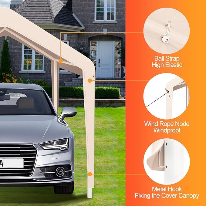 Carport Canopy 10'x20' Heavy Duty Replacement Cover, Garage Shelter Cover 800D Oxford Waterproof & UV Protected Tarp with Ball Bungees, Not Include Frame - Beige