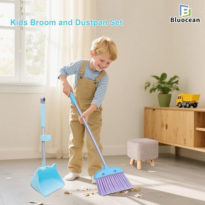 28'' Kids Mini Broom and Dustpan Set - Toddler Cleaning Toy, Toddler Household Helper, Parent-Child Interactive Play Cleaning Tool, Cute Cartoon Design, Small Safe Corner Broom (Blue Bubble)