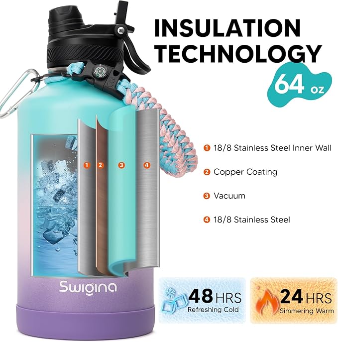 [2-IN-1 LID] 64 oz Insulated Water Bottle with Silicone Boot (48hrs Cold/24hrs Hot) - DIY Stickers, Leakproof, BPA Free, Half Gallon