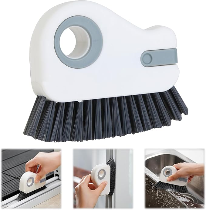 2 in 1 Groove Cleaning Brush, Grout Cleaner Tool & Multifunction Window Track Cleaner (with Hidden Scraper or Mini Dustpan) – for Glass Door Tracks, Window Sills, Sliding Doors (Gray)