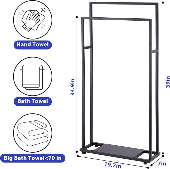 Standing Towel Racks for Bathroom, 39'' Tall 2 Tier Bathroom Towel Stand with Storage Shelves, Modern Standing Pool Drying Rack for Outdoor, Black Blanket Holder, ALHAKIN