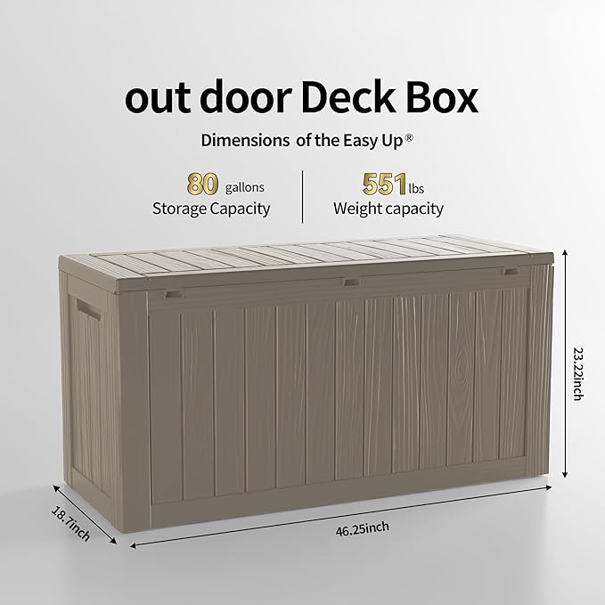 80 Gallon Lockable Resin Outdoor Storage Box, Waterproof & Weather Resistant Deck Box for Patio Cushion, Garden Tools & Pool Accessories, Grey
