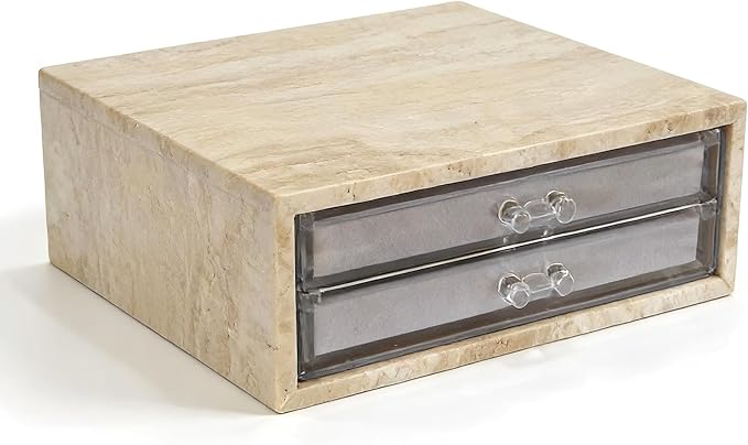 Natural Travertine Jewelry Box with 2 or 3 Drawer Organizers, Velvet Lined Storage for Rings and Necklaces (Large-2)