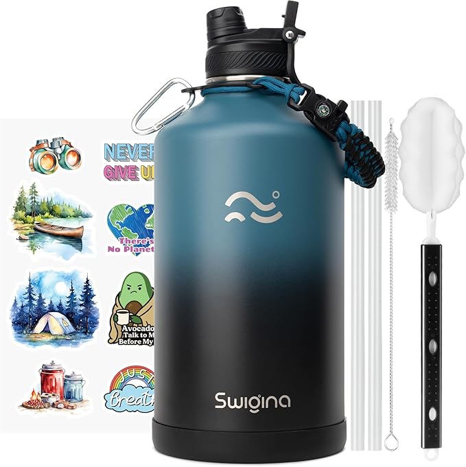 [2-IN-1 LID] Gallon Insulated Water Bottle with Silicone Boot (48hrs Cold/24hrs Hot) - DIY Stickers, Leakproof, BPA Free, 128 oz
