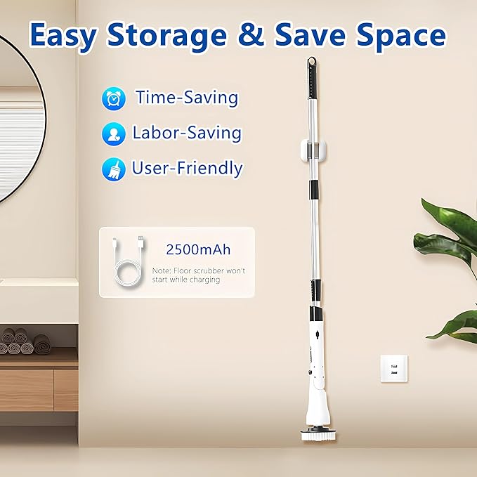 Electric Spin Scrubber, Hillyfe Bathroom Scrubber Electric with 7 Replaceable Brush Heads, IPX7 Waterproof,300/400 RPM, 3 Adjustable Length,Scrubber Brush Electric for Bathtub Floor,White